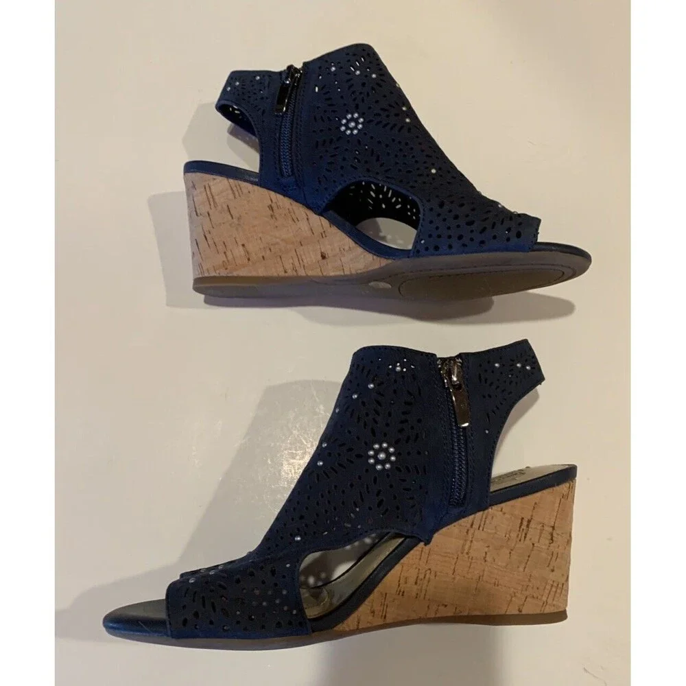 Alex Marie Women’s Sz 6.5 Leather  Cork Wedge Heels Sandals Shoes Navy *READ*